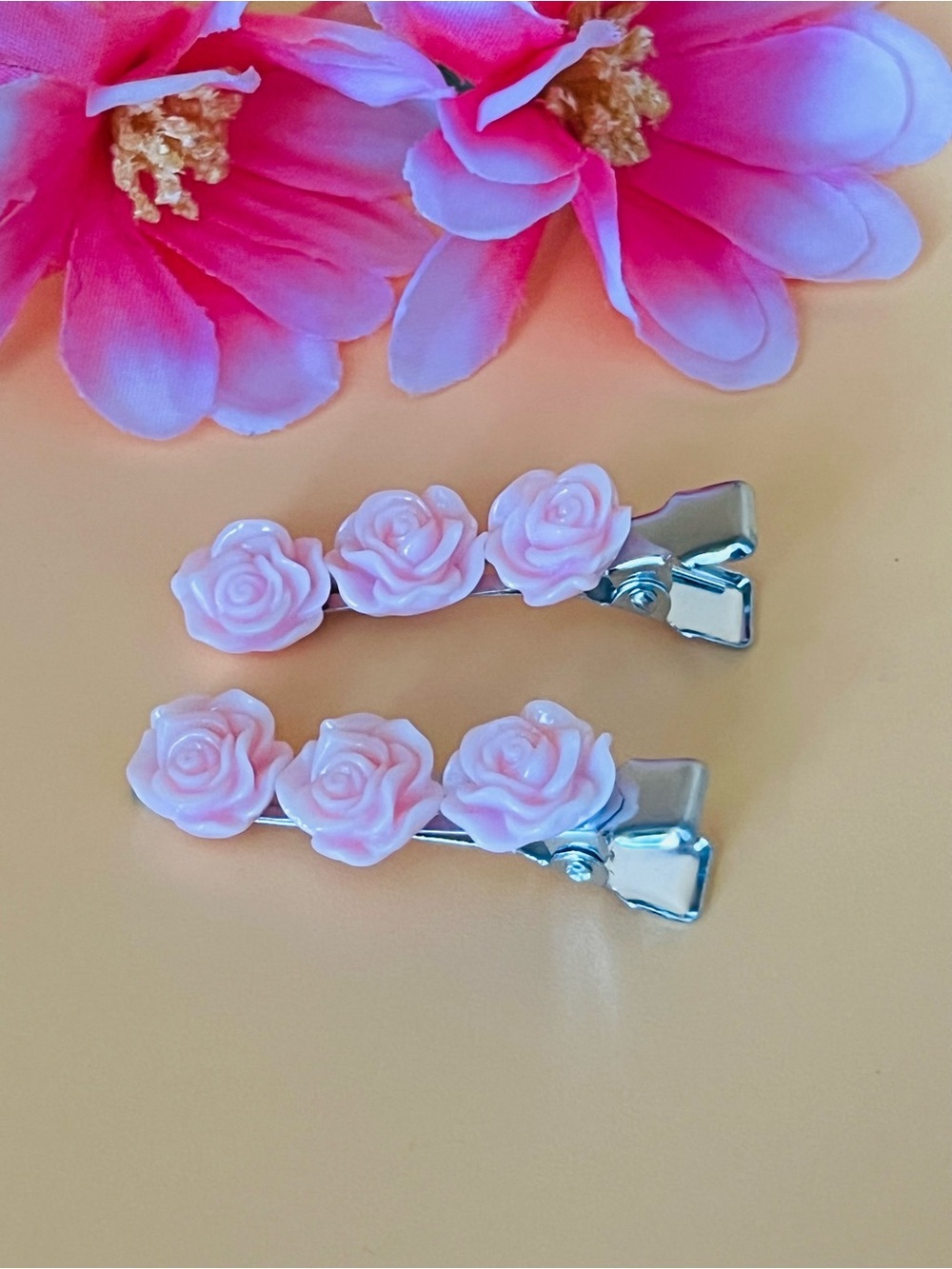 Resin Pink Rose Hair Clips